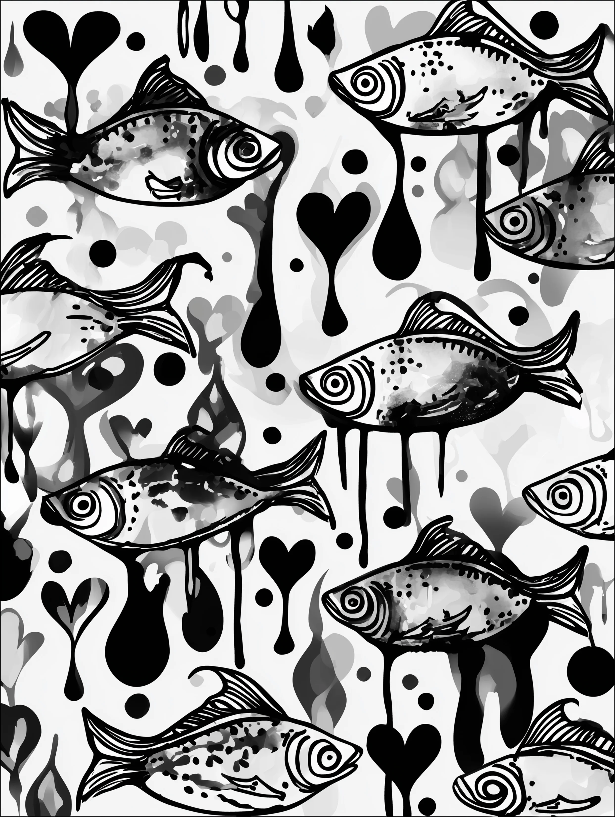 Free printable underwater coloring page for adults featuring a school of fish with heart-shaped details